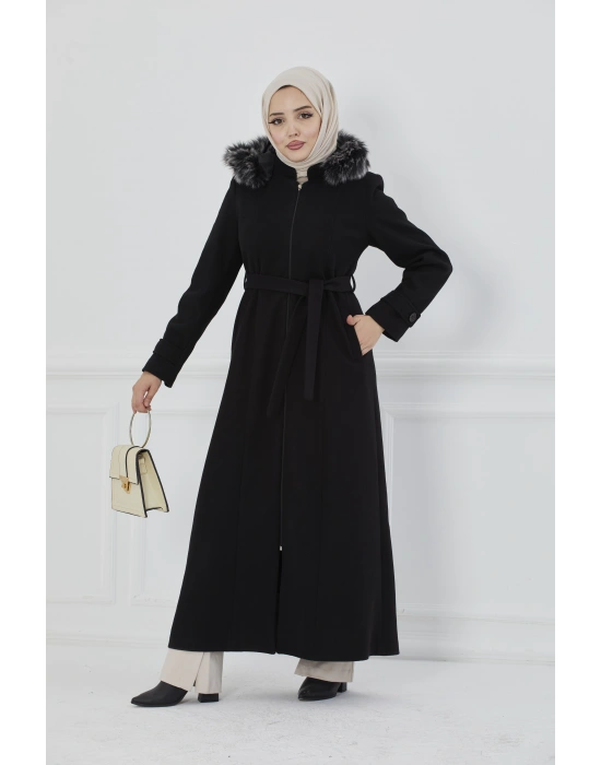 Kapüşonu Kürklü Maxi Boy Kaşe Kaban