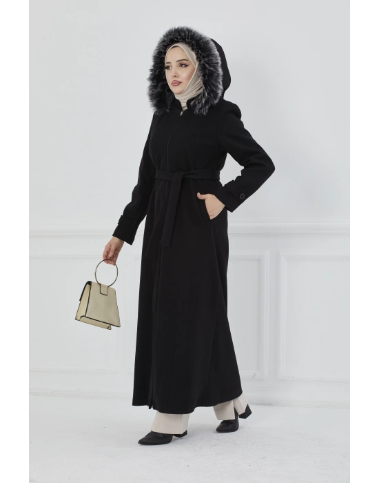 Kapüşonu Kürklü Maxi Boy Kaşe Kaban