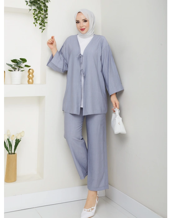 Önü Bağlamalı Çilek Kumaş Pantolonlu Takım