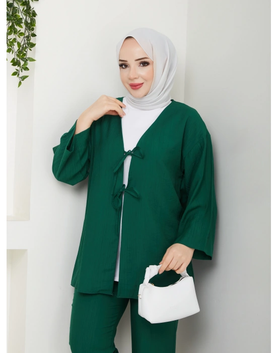 Önü Bağlamalı Çilek Kumaş Pantolonlu Takım