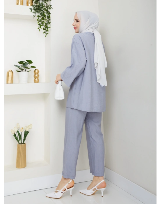 Önü Bağlamalı Çilek Kumaş Pantolonlu Takım