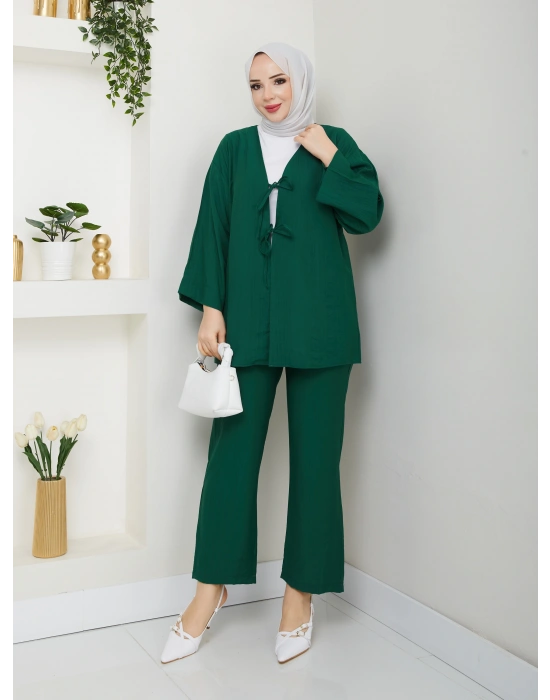 Önü Bağlamalı Çilek Kumaş Pantolonlu Takım