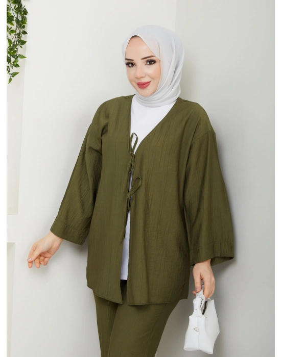 Önü Bağlamalı Çilek Kumaş Pantolonlu Takım