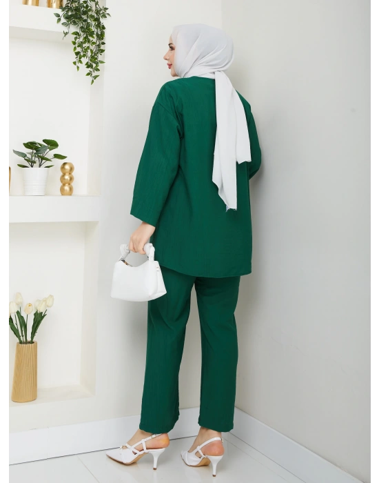 Önü Bağlamalı Çilek Kumaş Pantolonlu Takım