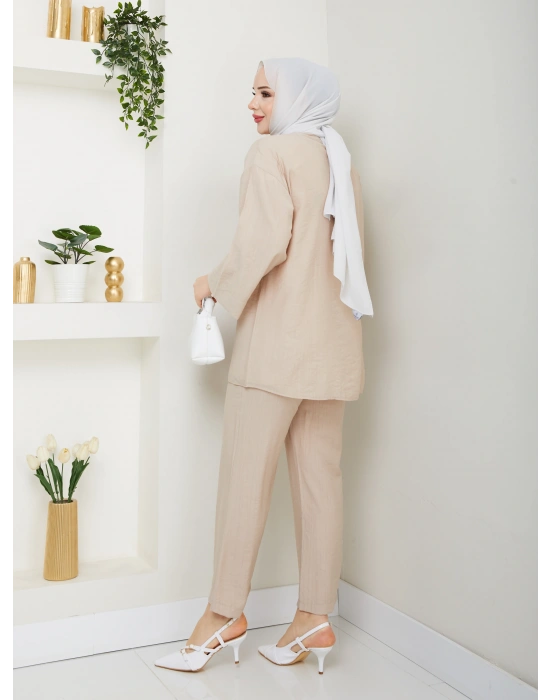 Önü Bağlamalı Çilek Kumaş Pantolonlu Takım