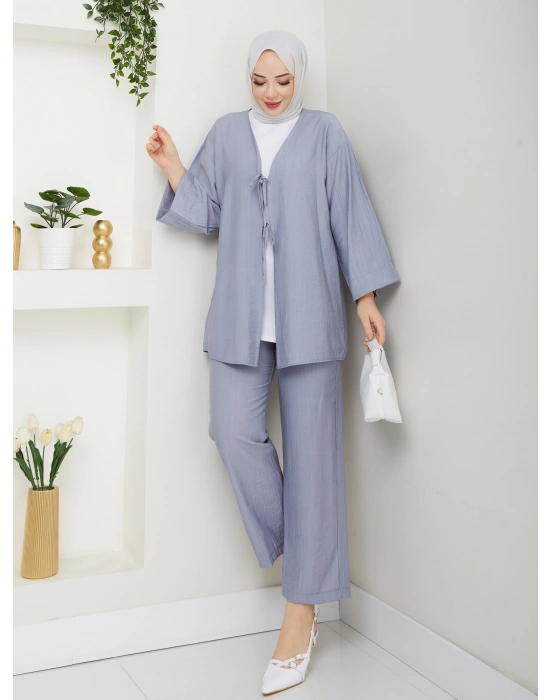 Önü Bağlamalı Çilek Kumaş Pantolonlu Takım