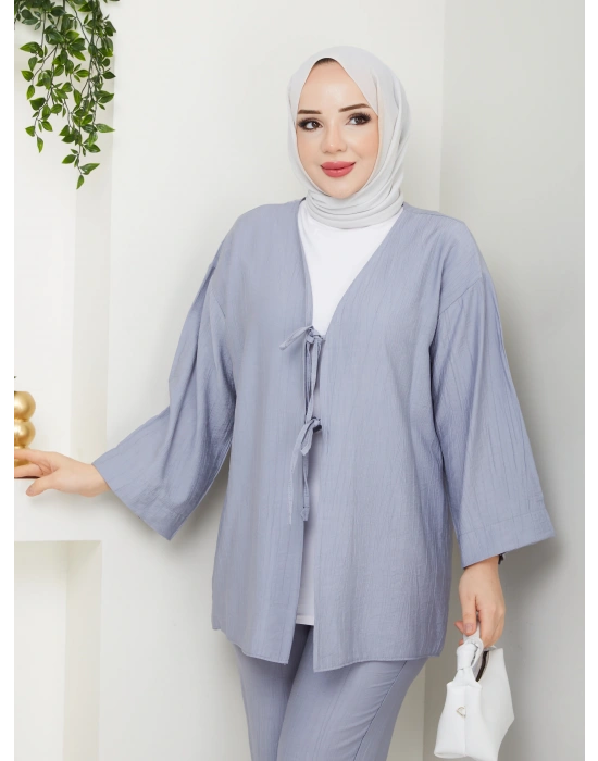 Önü Bağlamalı Çilek Kumaş Pantolonlu Takım