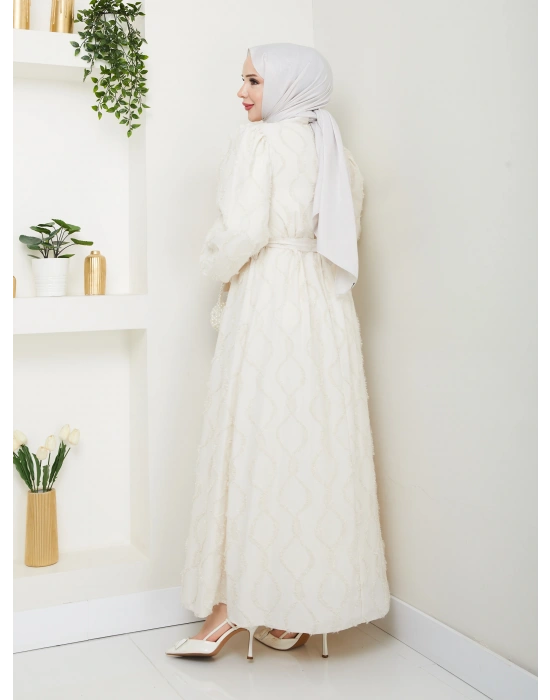 Simli Püskül Detaylı Kuşaklı Elbise