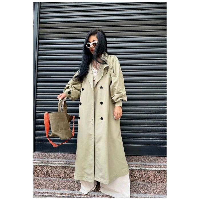 Mevsimlik Trençkot Çift Düğmeli Kemerli Cepli Torino Astarsız