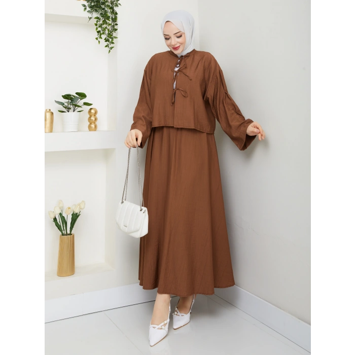 Önü Bağlamalı Çilek Kumaş Etekli Takım