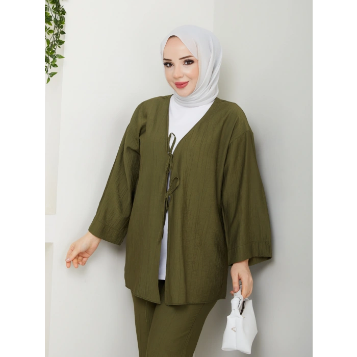 Önü Bağlamalı Çilek Kumaş Pantolonlu Takım