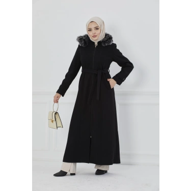 Kapüşonu Kürklü Maxi Boy Kaşe Kaban