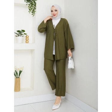 Önü Bağlamalı Çilek Kumaş Pantolonlu Takım