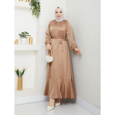 Volan Detaylı Saten Elbise