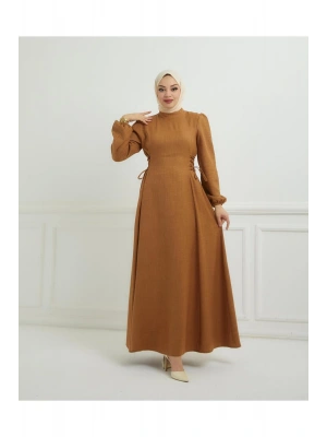 Yandan Biye Bağcıklı Sofya Keten Elbise