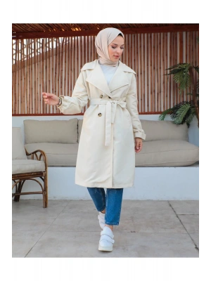 Mevsimlik Trençkot Çift Düğmeli Kemerli Cepli Torino Astarsız