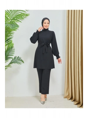 Kolları Piliseli Pantolonlu İkili Takım Krep Kumaş 7994