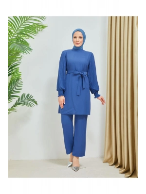 Kolları Piliseli Pantolonlu İkili Takım Krep Kumaş 7994