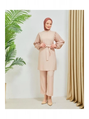 Kolları Piliseli Pantolonlu İkili Takım Krep Kumaş 7994