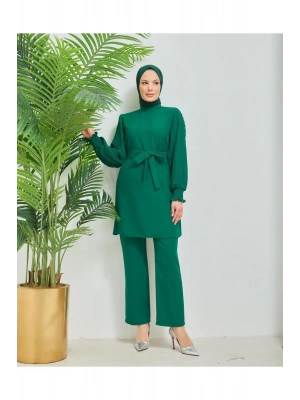 Kolları Piliseli Pantolonlu İkili Takım Krep Kumaş 7994