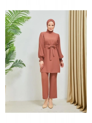 Kolları Piliseli Pantolonlu İkili Takım Krep Kumaş 7994