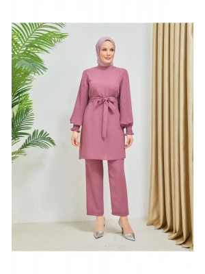 Kolları Piliseli Pantolonlu İkili Takım Krep Kumaş 7994