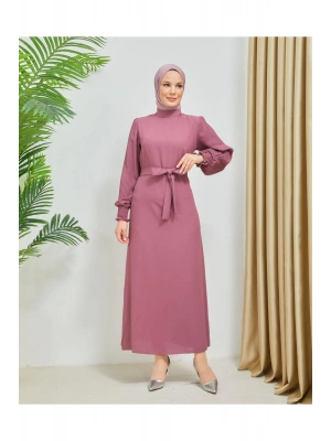 Kolları Piliseli Manşet Gipe Detaylı Krep Kumaş Elbise 7989