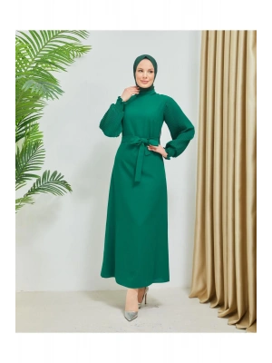 Kolları Piliseli Manşet Gipe Detaylı Krep Kumaş Elbise 7989