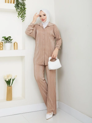 Kadın Piliseli Gömlek Ve Beli Lastikli Rahat Kalıp Pantolon Takım