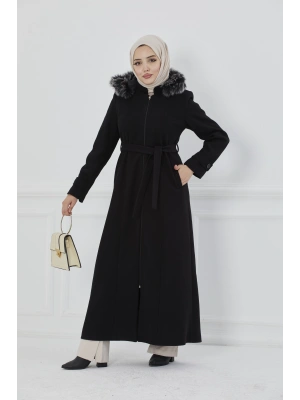 Kapüşonu Kürklü Maxi Boy Kaşe Kaban