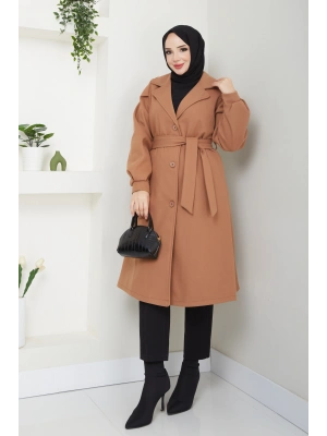 Kruvaze Yaka Balon Kol Kaşe Kaban