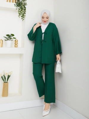 Önü Bağlamalı Çilek Kumaş Pantolonlu Takım