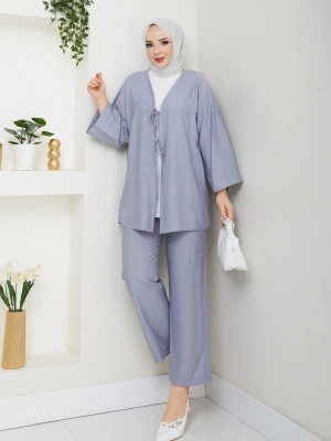 Önü Bağlamalı Çilek Kumaş Pantolonlu Takım