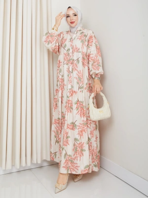Yarım Düğmeli Eteği Katlı Çiçek Desenli Elbise
