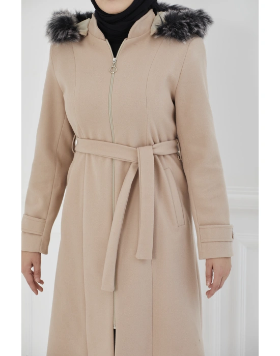 Kapüşonu Kürklü Midi Boy Kaşe Kaban