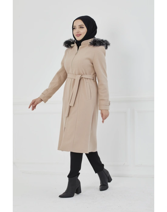 Kapüşonu Kürklü Midi Boy Kaşe Kaban