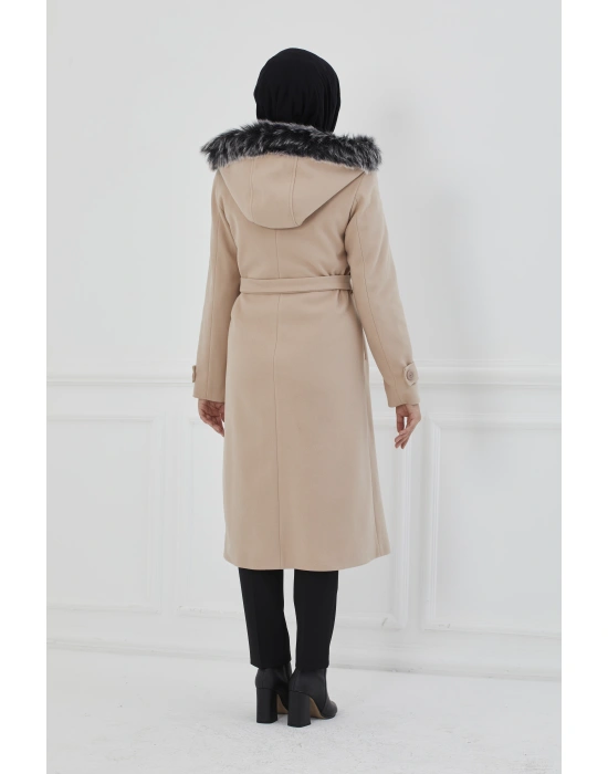 Kapüşonu Kürklü Midi Boy Kaşe Kaban