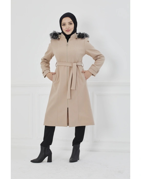 Kapüşonu Kürklü Midi Boy Kaşe Kaban