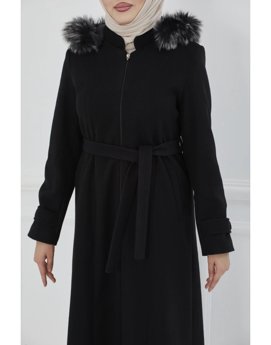 Kapüşonu Kürklü Maxi Boy Kaşe Kaban