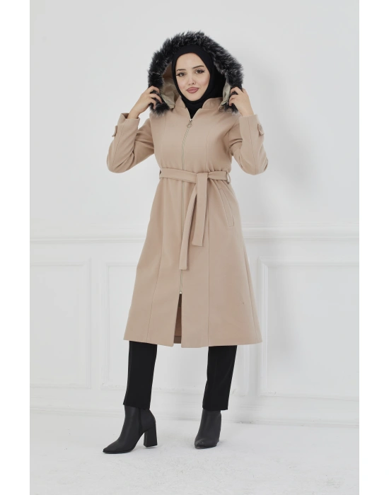 Kapüşonu Kürklü Midi Boy Kaşe Kaban