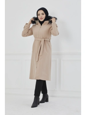 Kapüşonu Kürklü Midi Boy Kaşe Kaban