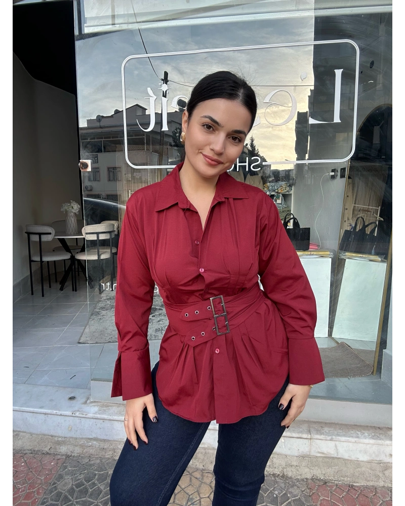 Kemer Detaylı Bordo Gömlek