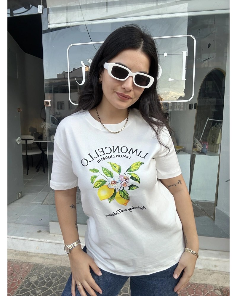 Limon Desenli Beyaz Tişört