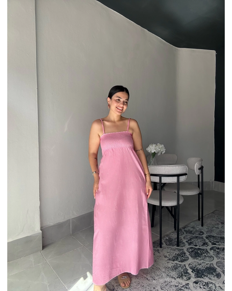 Askılı Pembe Uzun Elbise