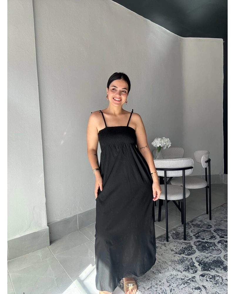 Askılı Siyah Uzun Elbise