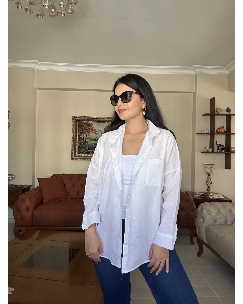 Beyaz Oversize Keten Gömlek