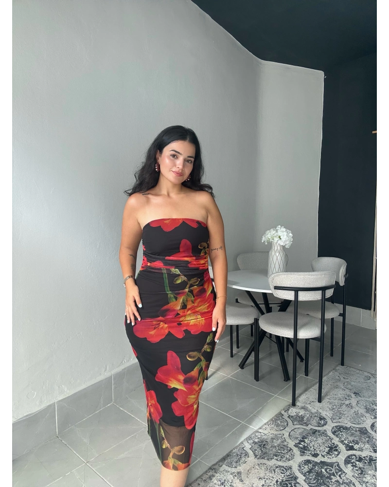 Çiçek Desenli Straplez Elbise