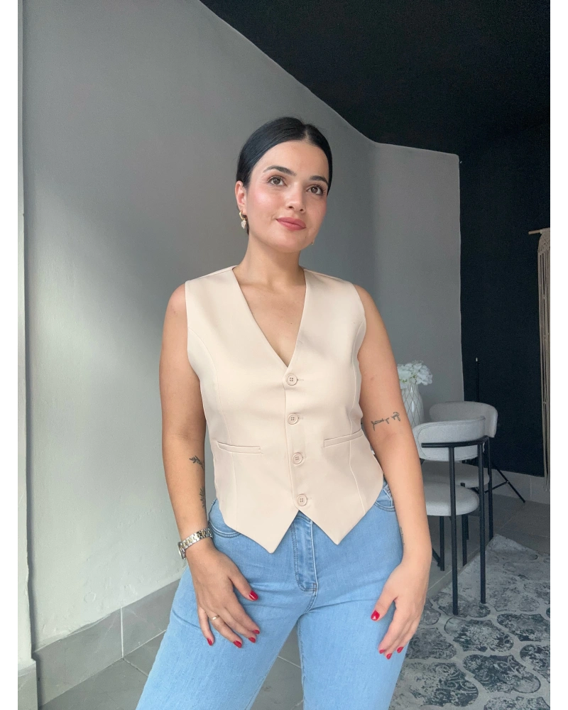 Düğmeli Krem Yelek