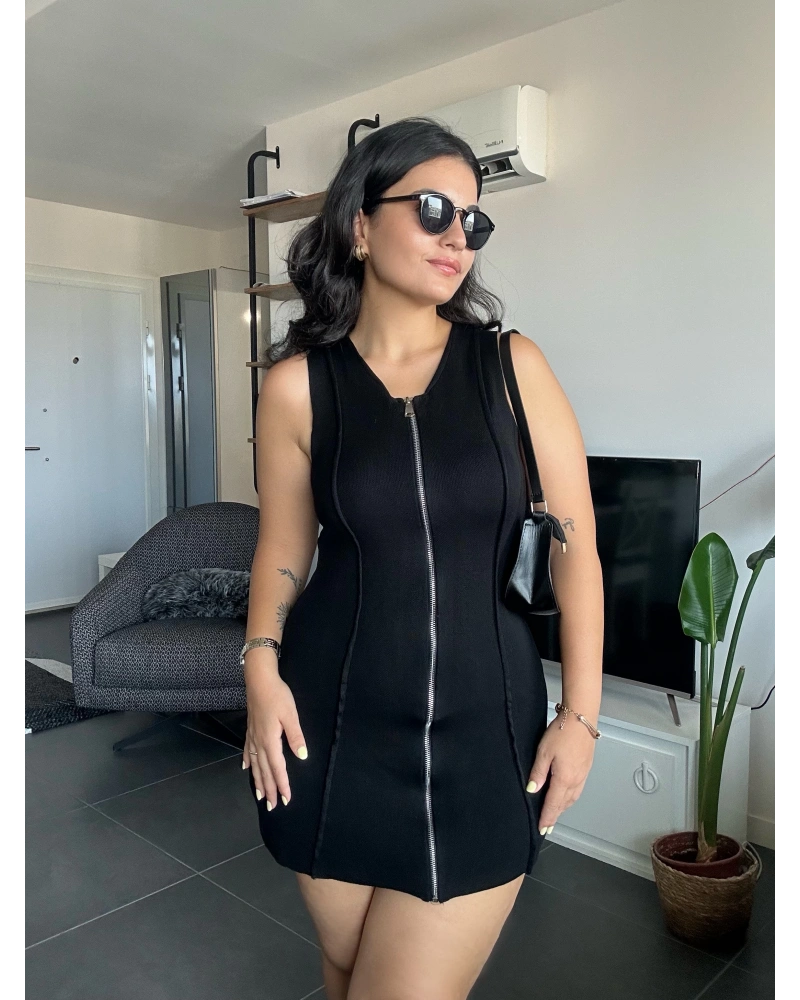 Fermuarlı Siyah Mini Elbise