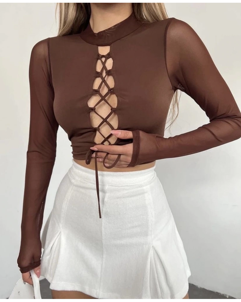 Kahverengi İpli Tül Bluz